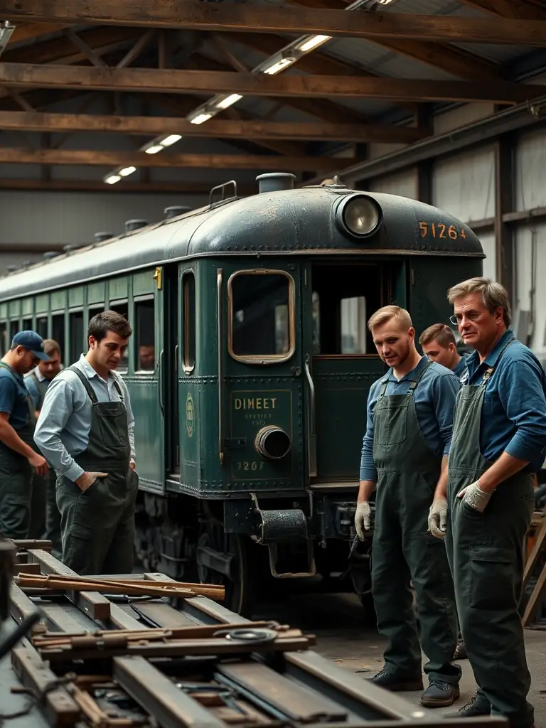A photograph of volunteers cleaning and restoring an old metal lathe in a workshop setting, showcasing hands-on heritage conservation.