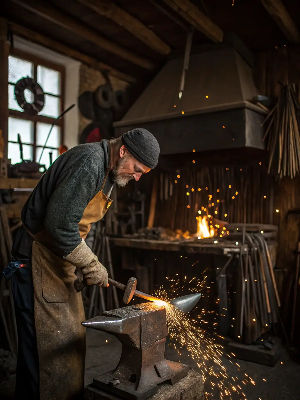 A photo of a group of students participating in a metalworking workshop, learning traditional techniques from experienced craftsmen.